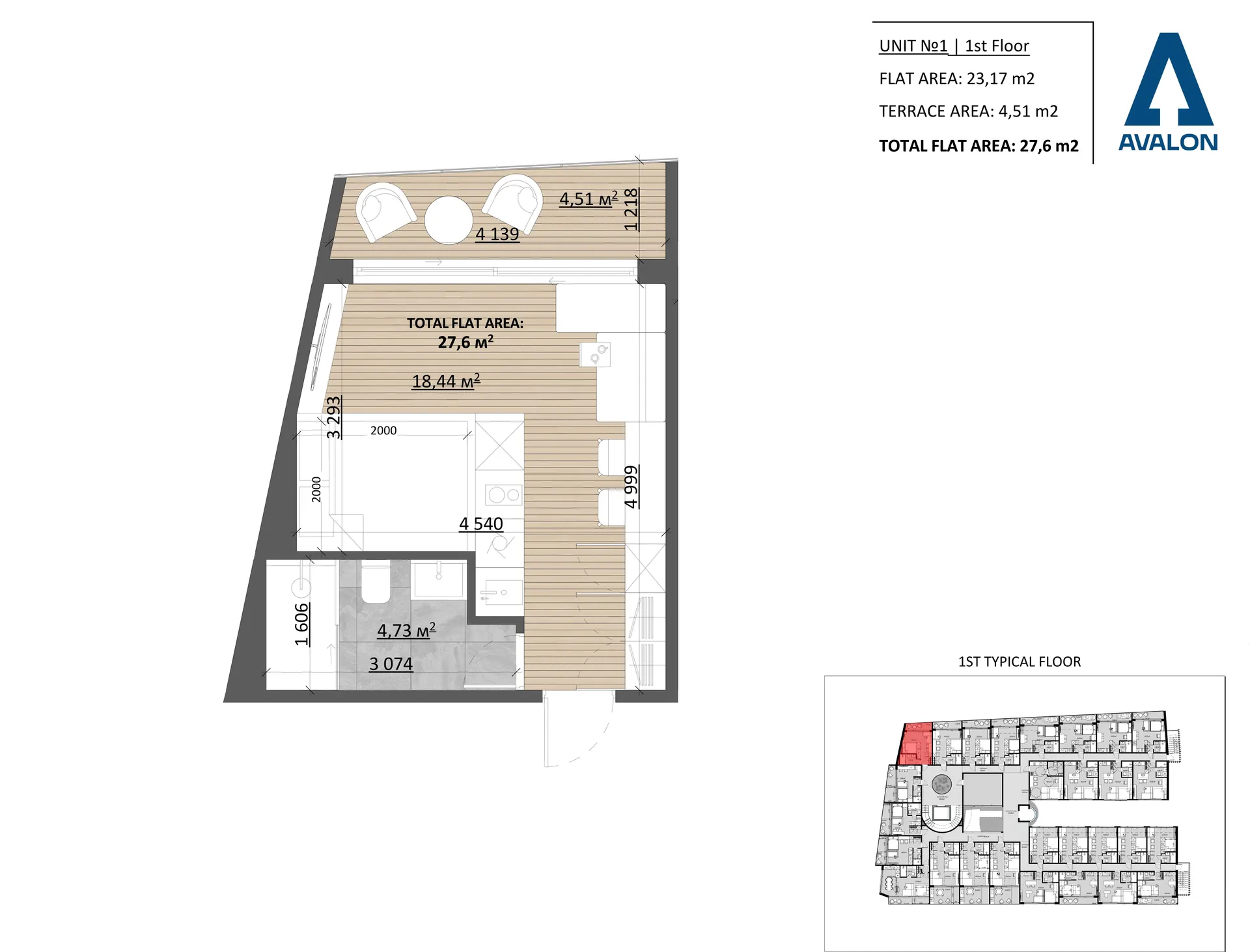 Планування: Studio with Balcony, юніт 1, 1 поверх