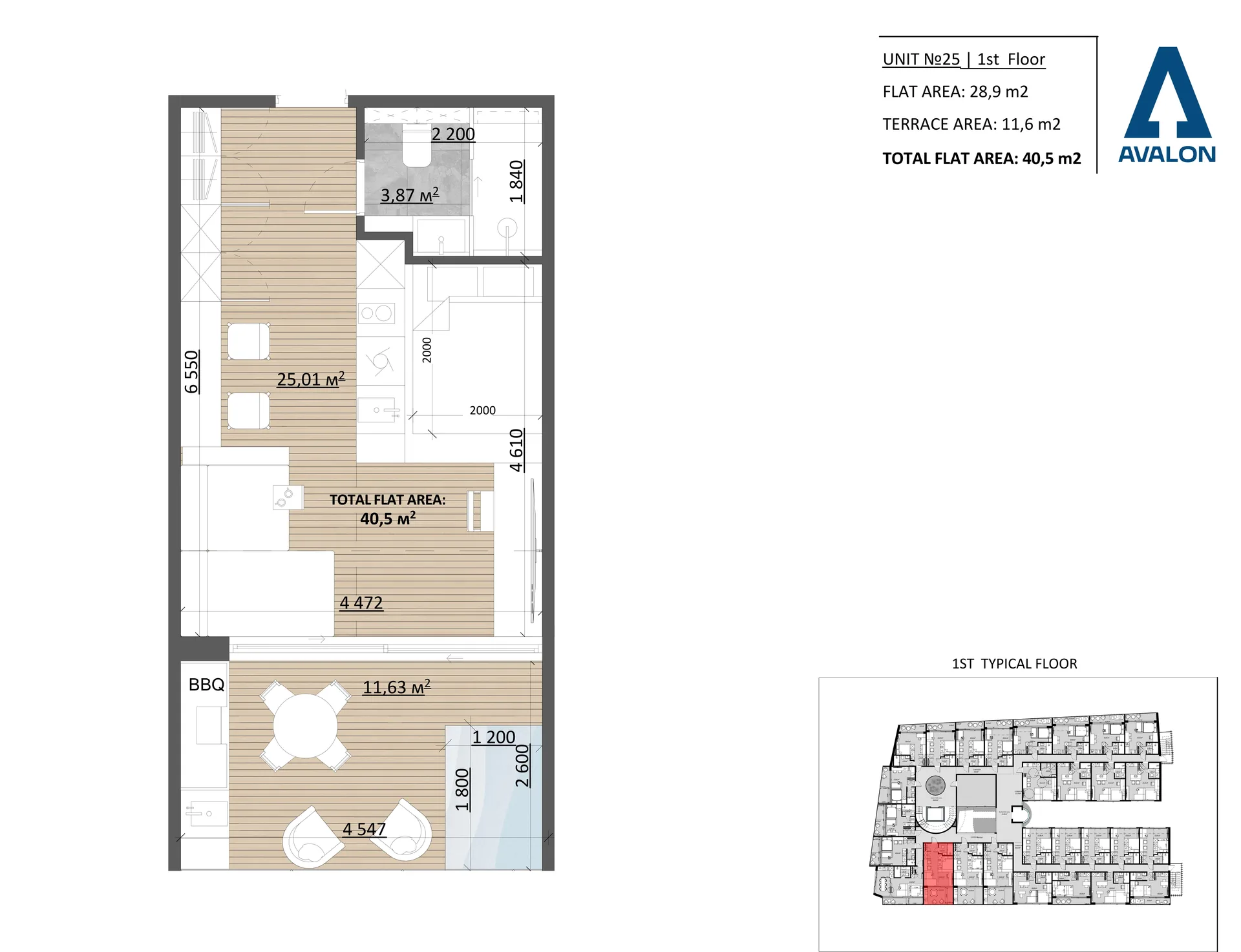 Планування: Deluxe with Terrace, юніт 25, 1 поверх: студія 28,9 м² і тераса 11,6 м² з BBQ