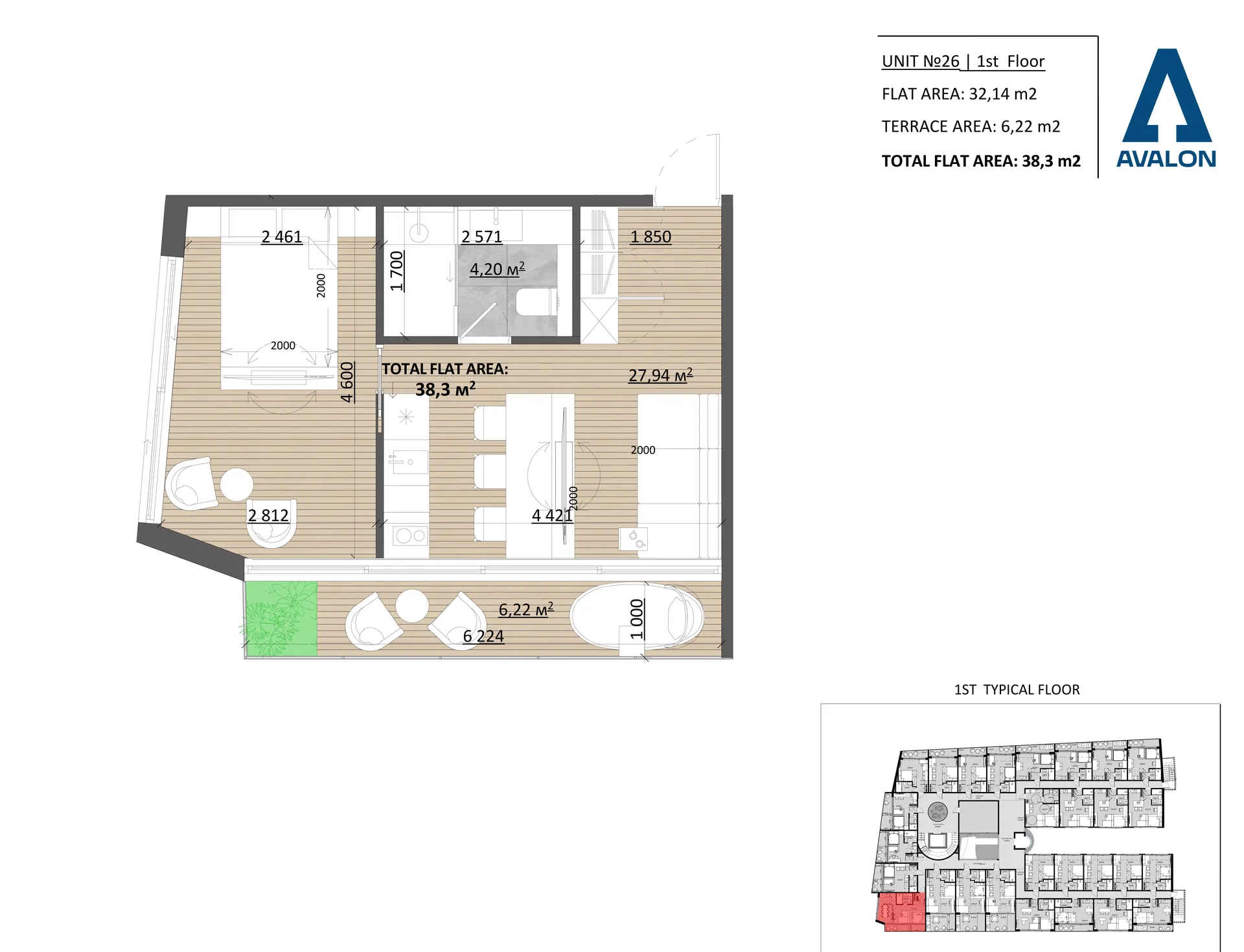 Планування: Superior with Balcony, юніт 26, 1 поверх